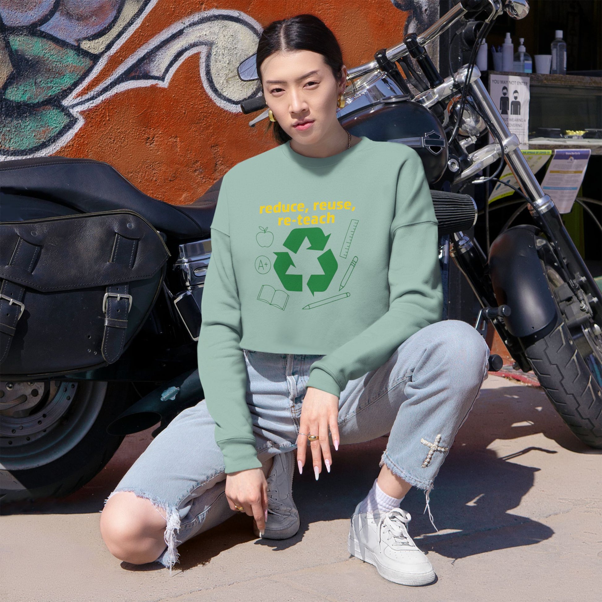 Reduce, Reuse, Re-Teach, teacher- cropped sweatshirt