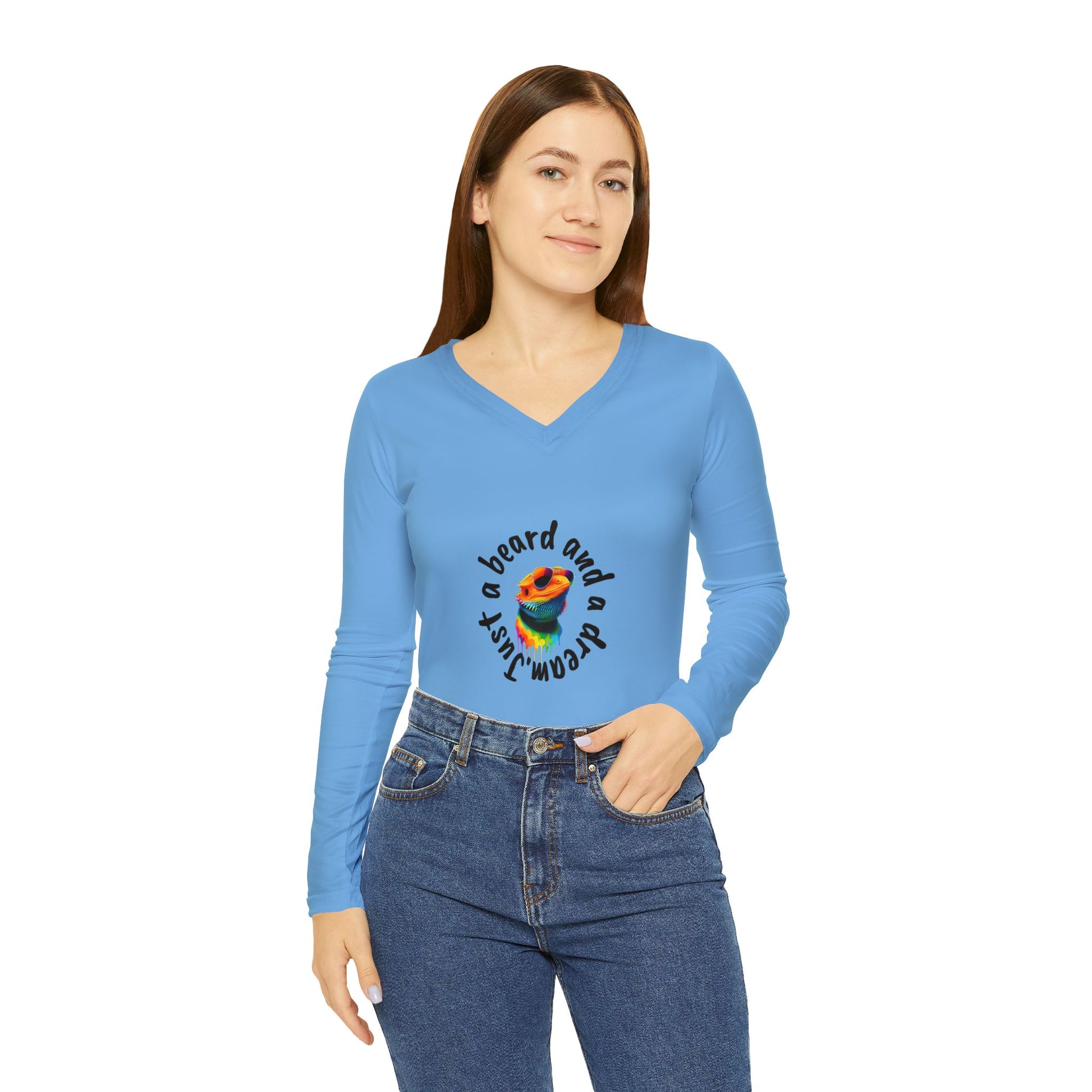 Cool Cat Long Sleeve V-neck Shirt, Fun Casual Tee, Gift for Cat Lovers, Unique AOP Shirt, Birthday, Valentine's, Everyday Wear