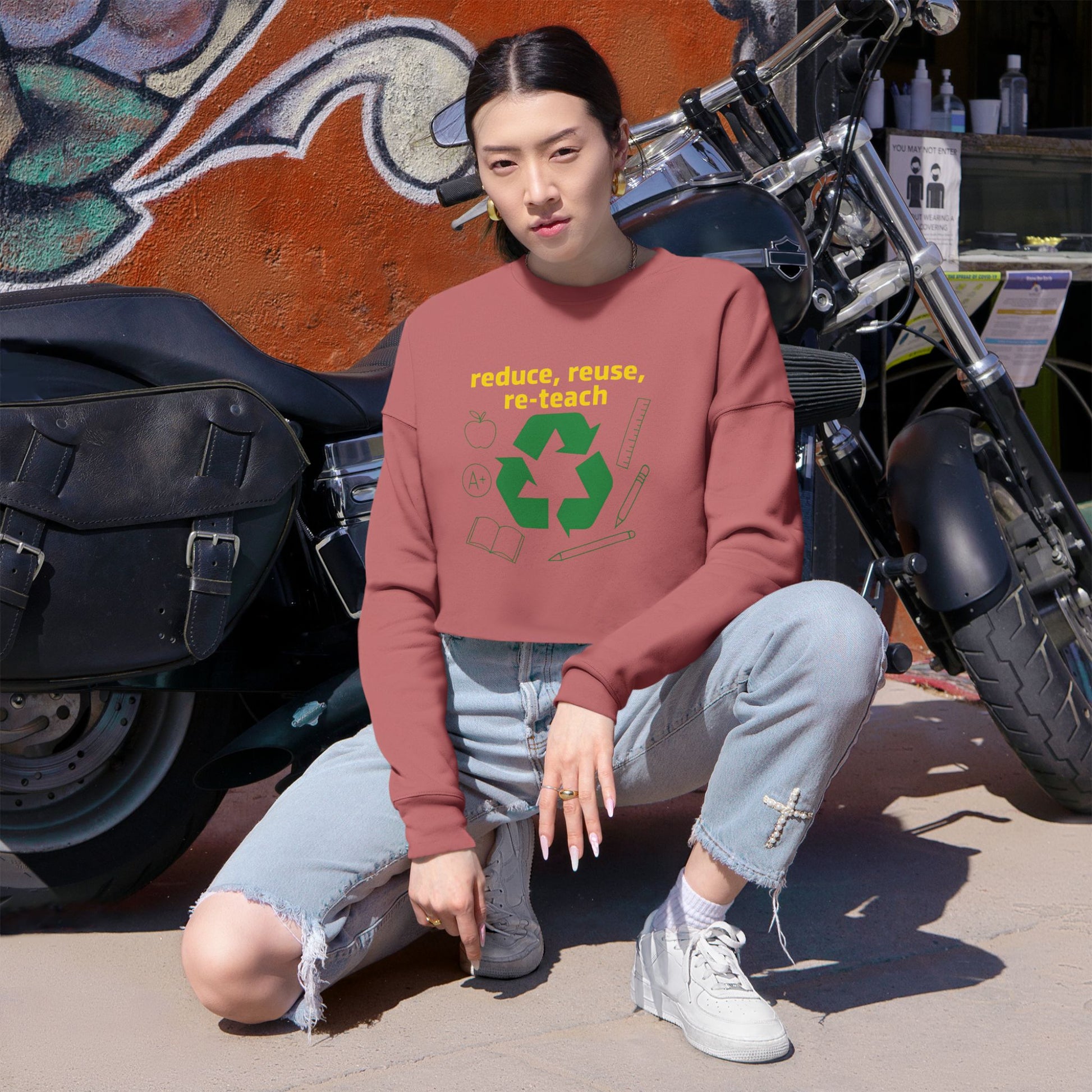Reduce, Reuse, Re-Teach, teacher- cropped sweatshirt